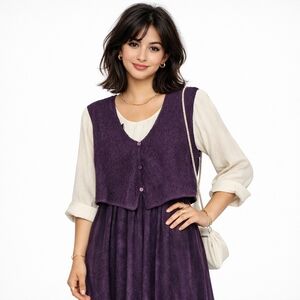 1990s Allison Chi Vintage Plum Purple Suede Skirt Knit Vest Maxi Dress #74